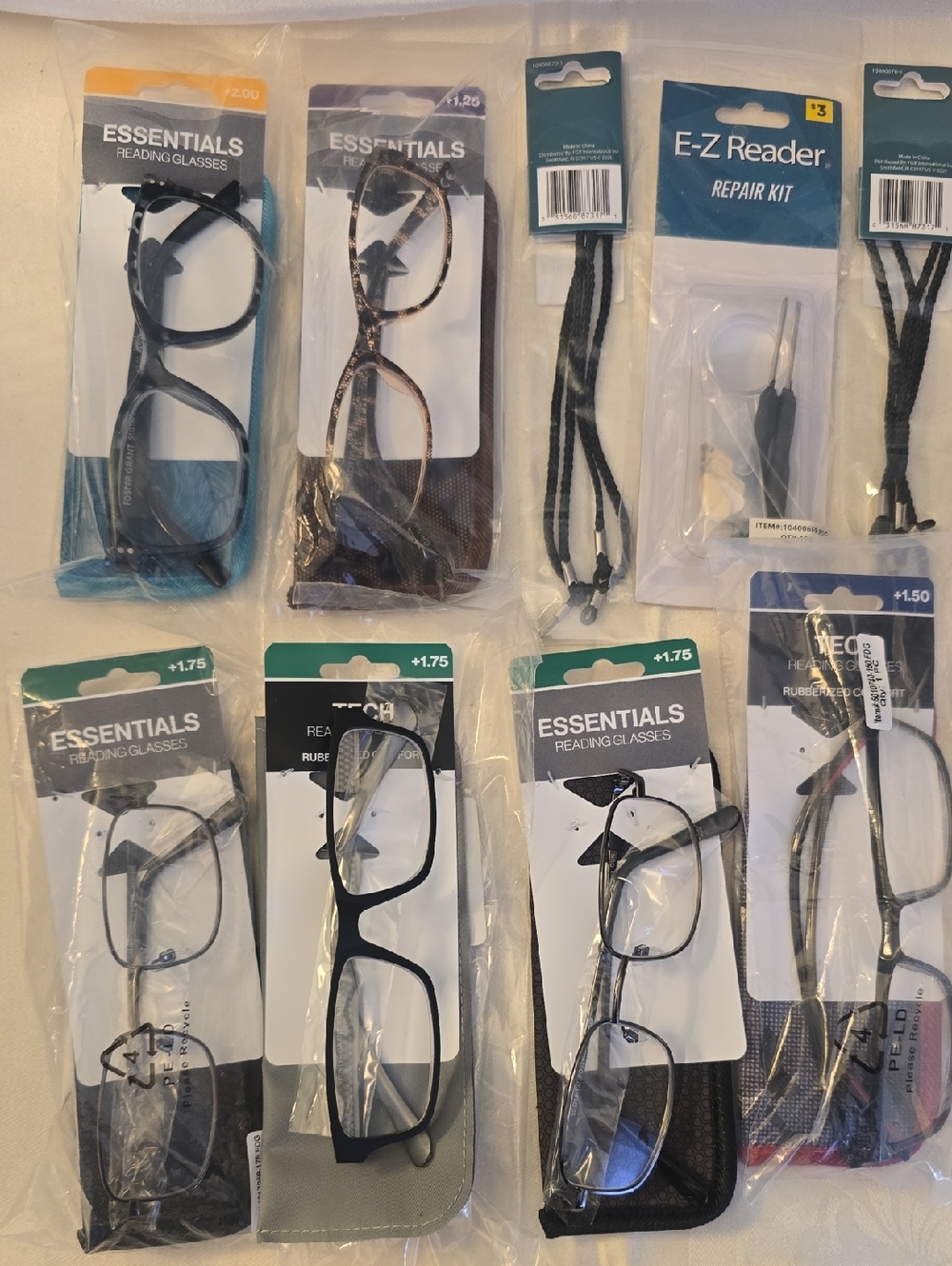 9 Essentials Reading Glasses & Cases Assortment, Repair Kit, +1.50, 1.75, 2.00